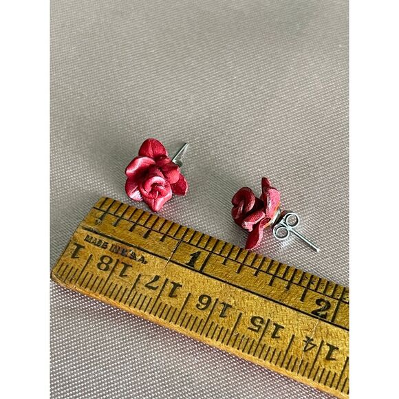 Handcrafted Leather Red Rose Stud Earrings Romantic Floral Statement Jewelry - Picture 2 of 4